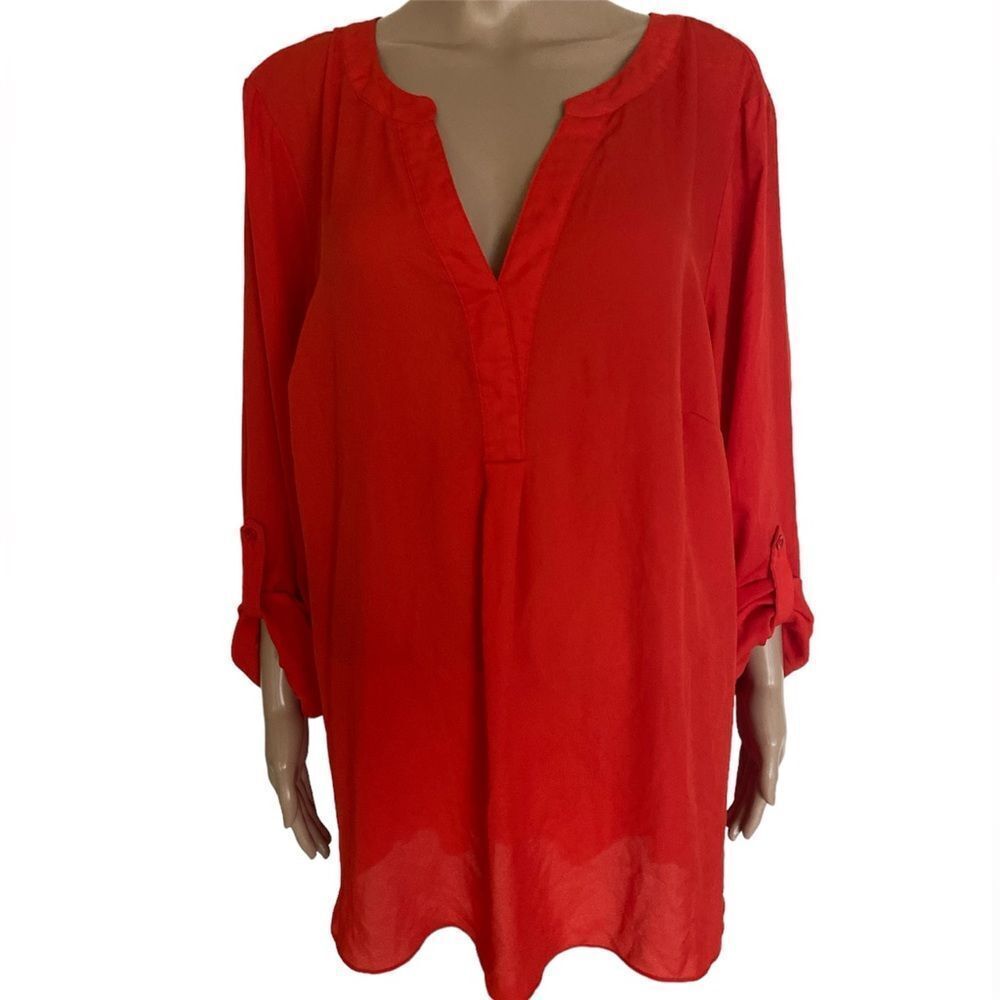 Zac & Rachel Women Plus Size 2X Red Roll Tab Sleeves Career Summer Blouse Top